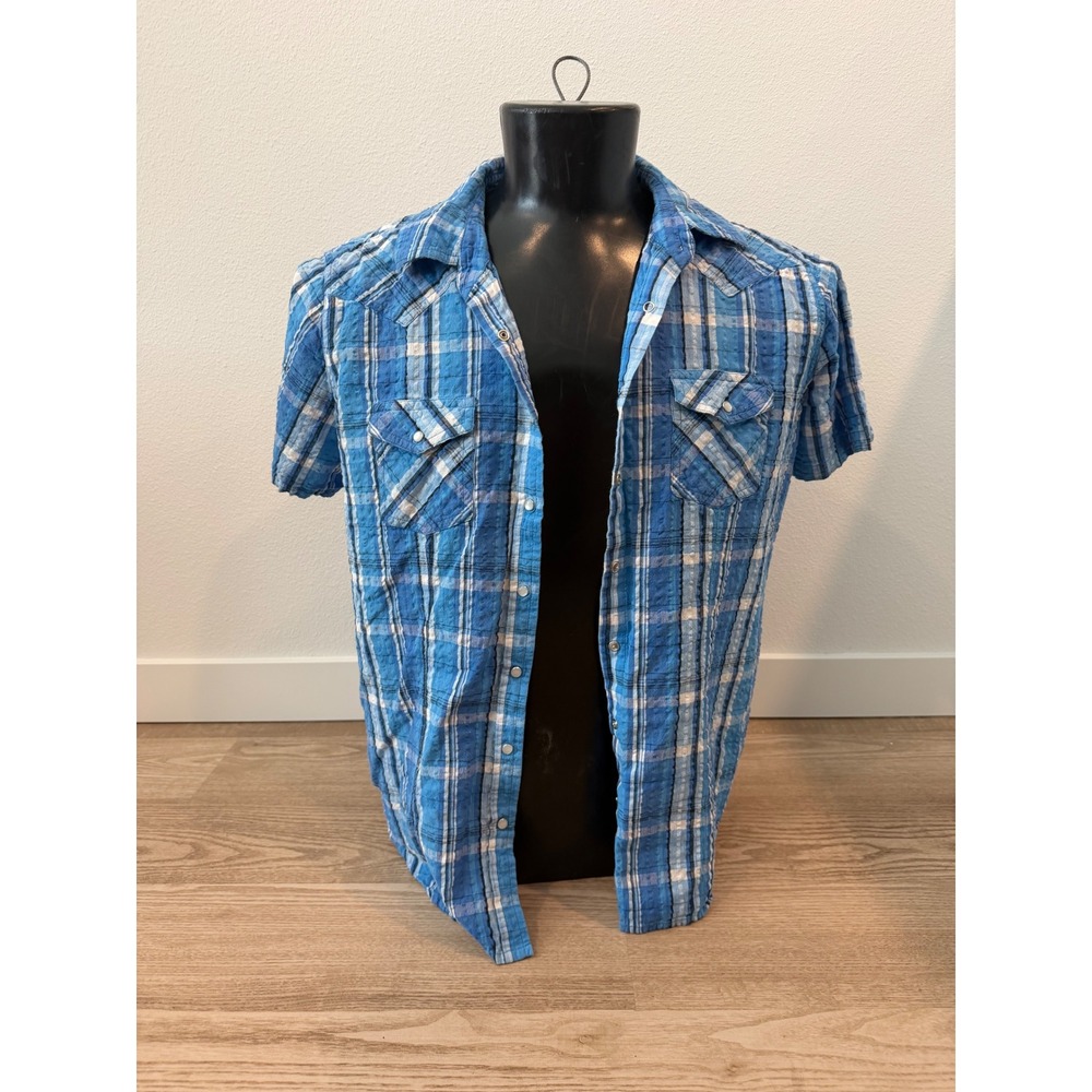 Back In The Saddle Mens XL Blue Plaid Western Pearl Snap Short Sleeve Shirt